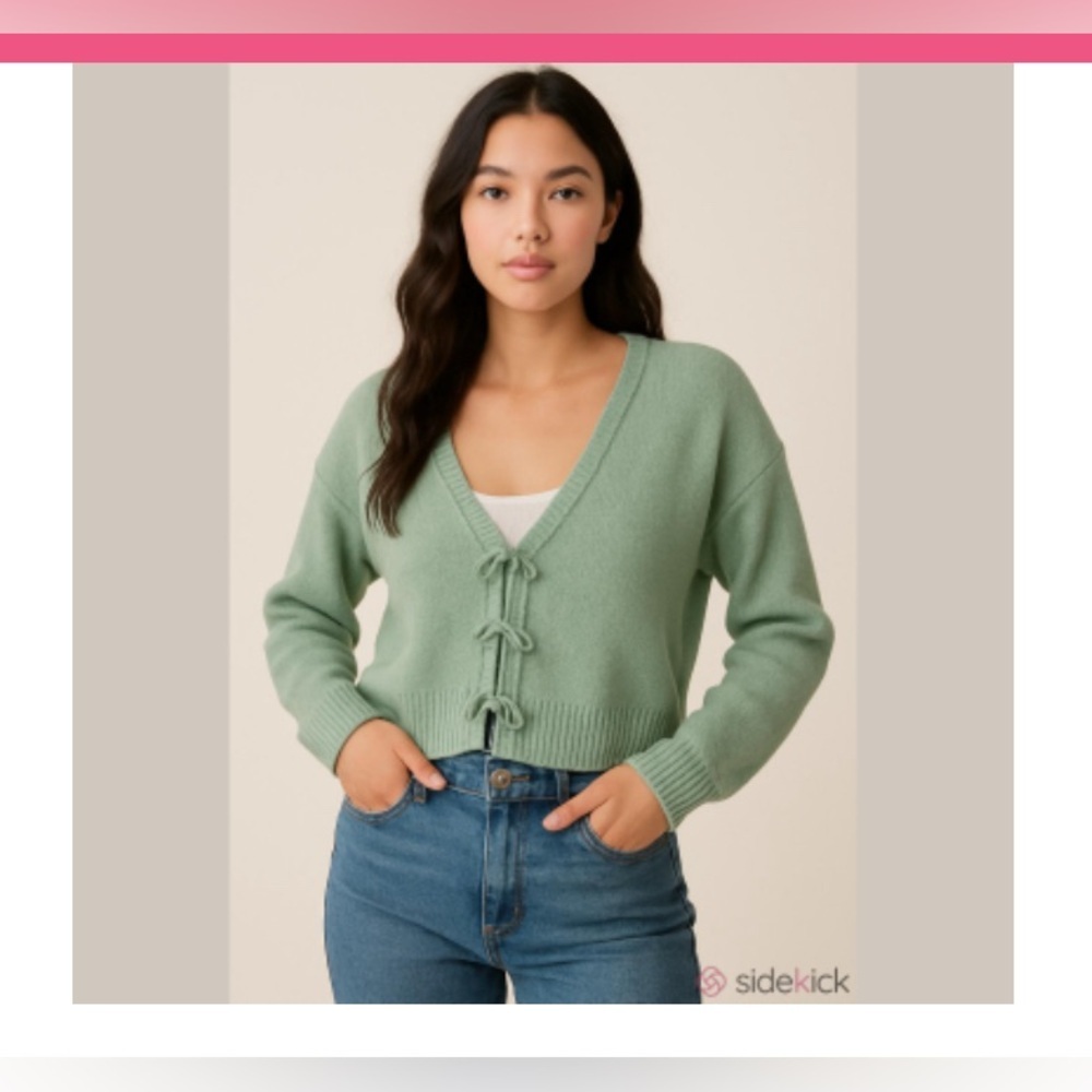 Design History Mint V-Neck Sweater with rhinestone bow  Tie Accents